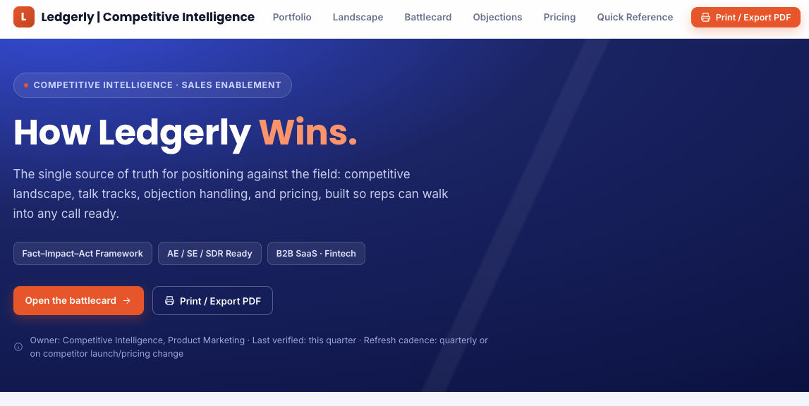 Sample battlecard layout used to compare Webgility against direct competitors